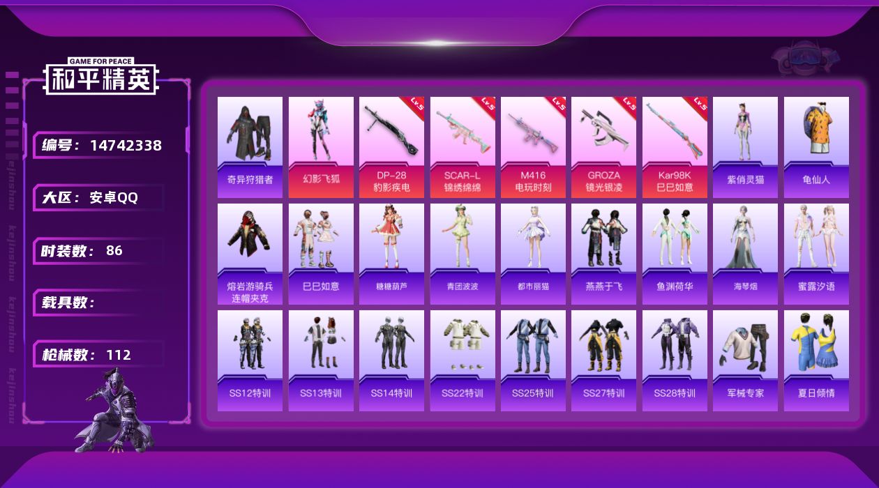 和平精英账号安卓QQ[14742338]可二次【店主推荐捡漏号！可直接换绑】/地铁满天赋  安卓 手Q-1粉装-5特效枪-0载具-0粉色飞行器-3.1w热力值-3王牌印记-86套装-112枪皮【热门品类】：套装-奇异狩猎