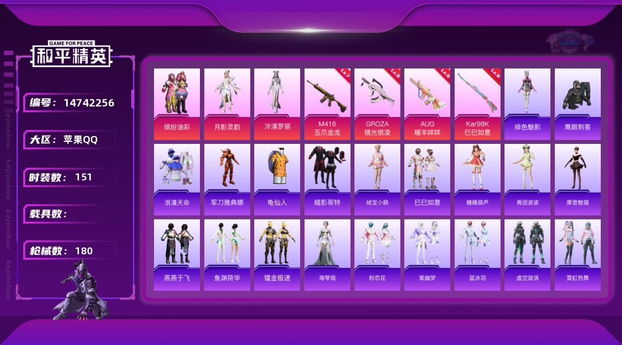 和平精英账号苹果QQ[14742256]可二次【店主推荐捡漏号！可直接换绑】/无敌战神框1  苹果 手Q-无敌战神框-3粉装-4特效枪-1粉色飞行器-5.4w热力值-12王牌印记-151套装-180枪皮【热门品类】：粉装