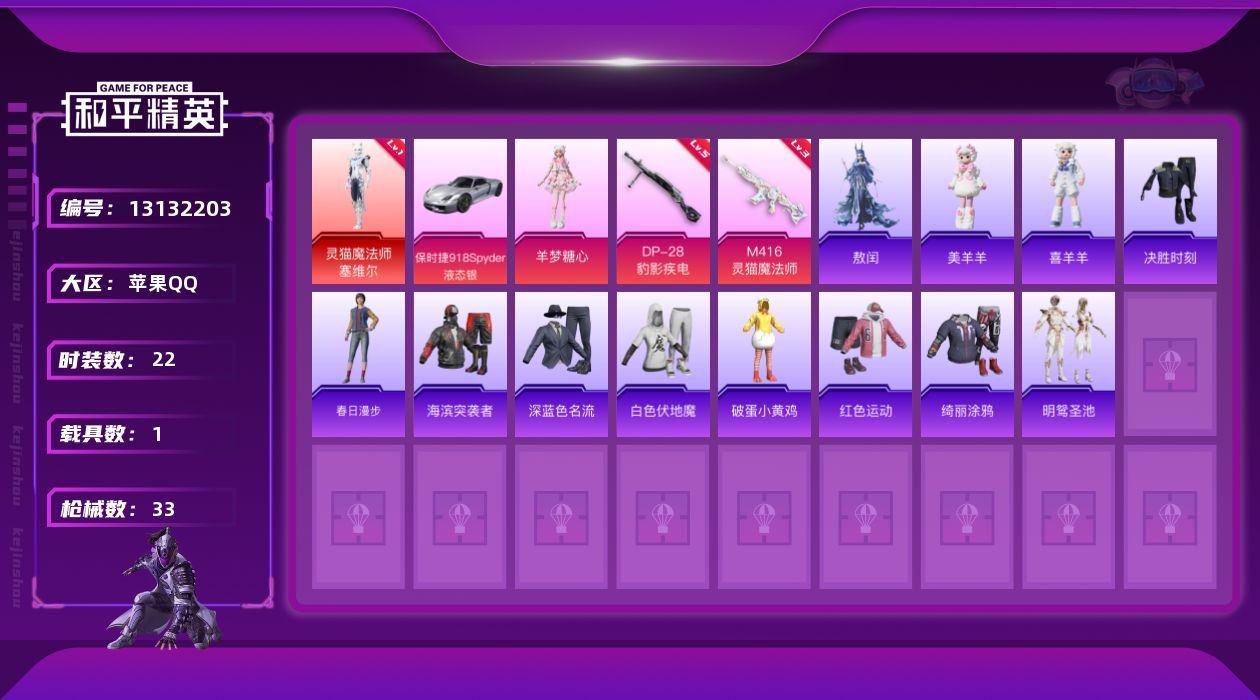 和平精英账号苹果QQ[13132203]苹果 手Q-1神装-1粉装-2特效枪-1载具-1粉色飞行器-13001热力值-2王牌印记-22套装-33枪皮
【红色神装等级】：灵猫魔法师-塞维尔(一级)
【红色角色神装】：灵猫魔