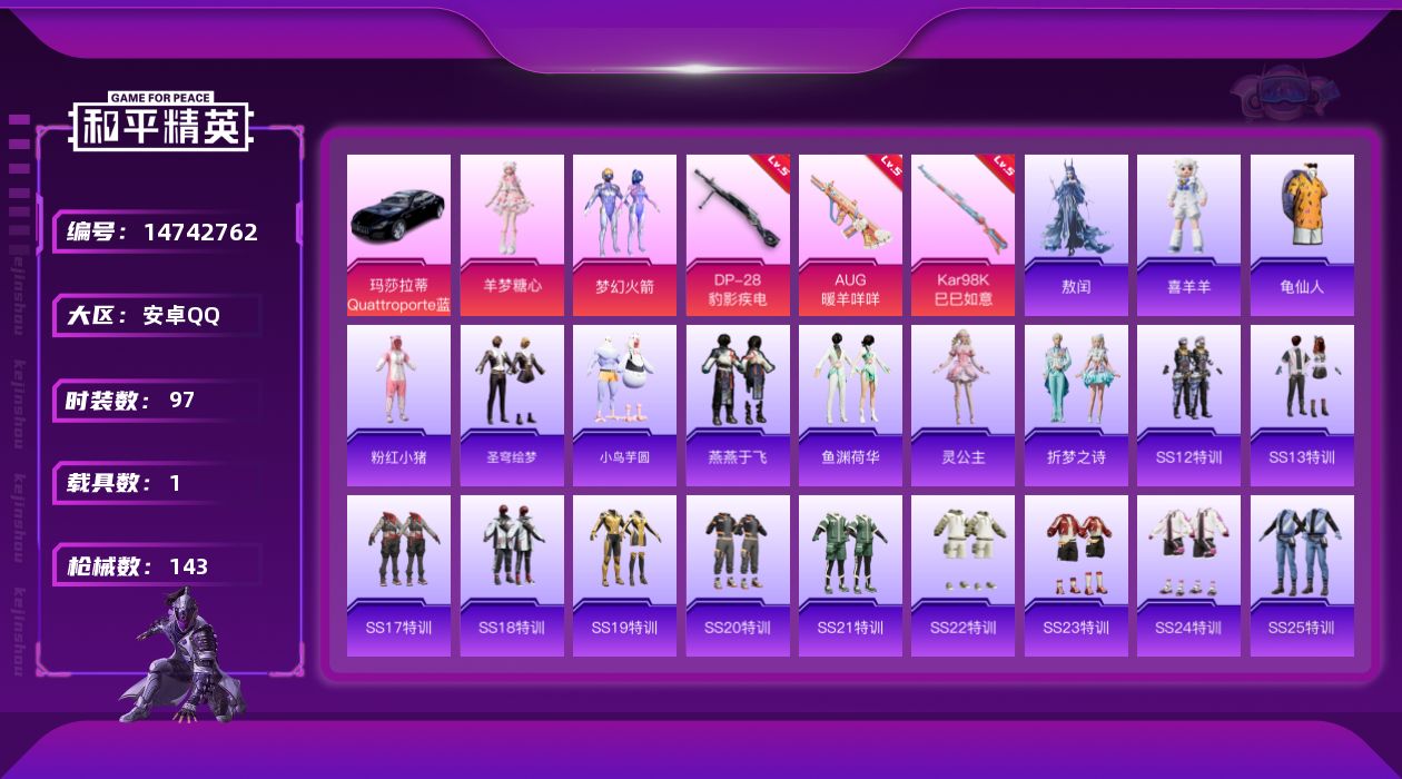 和平精英账号安卓QQ[14742762]【店主推荐捡漏号！可直接换绑】 安卓 手Q-2粉装-3特效枪-1载具-1粉色飞行器-4W热力值-14王牌印记-97套装-143枪皮【热门品类】：粉装-梦幻火箭，套装-龟仙人，套装-