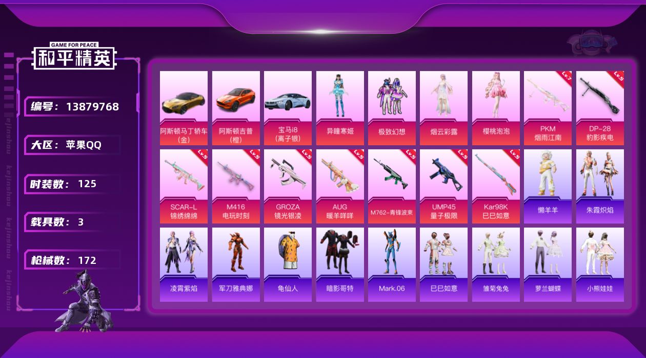 和平精英账号苹果QQ[13879768]苹果 手Q-4粉装-9特效枪-3载具-5粉色飞行器-58629热力值-7王牌印记-125套装-172枪皮
无二次介意勿拍！【热门品类】：角色-军刀雅典娜，套装-龟仙人，套装-暗影哥