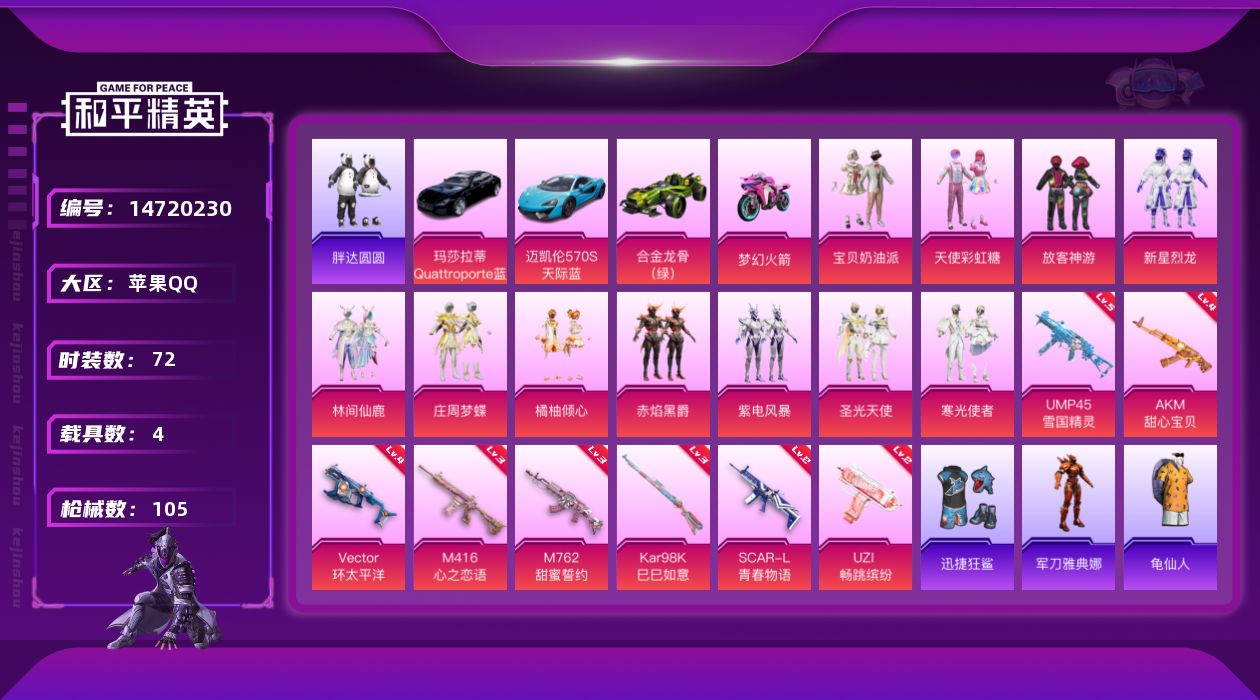 和平精英账号苹果QQW8995  可立即换绑无需挂单养号  苹果 手Q-11粉装-8特效枪-4载具-3粉色飞行器-401