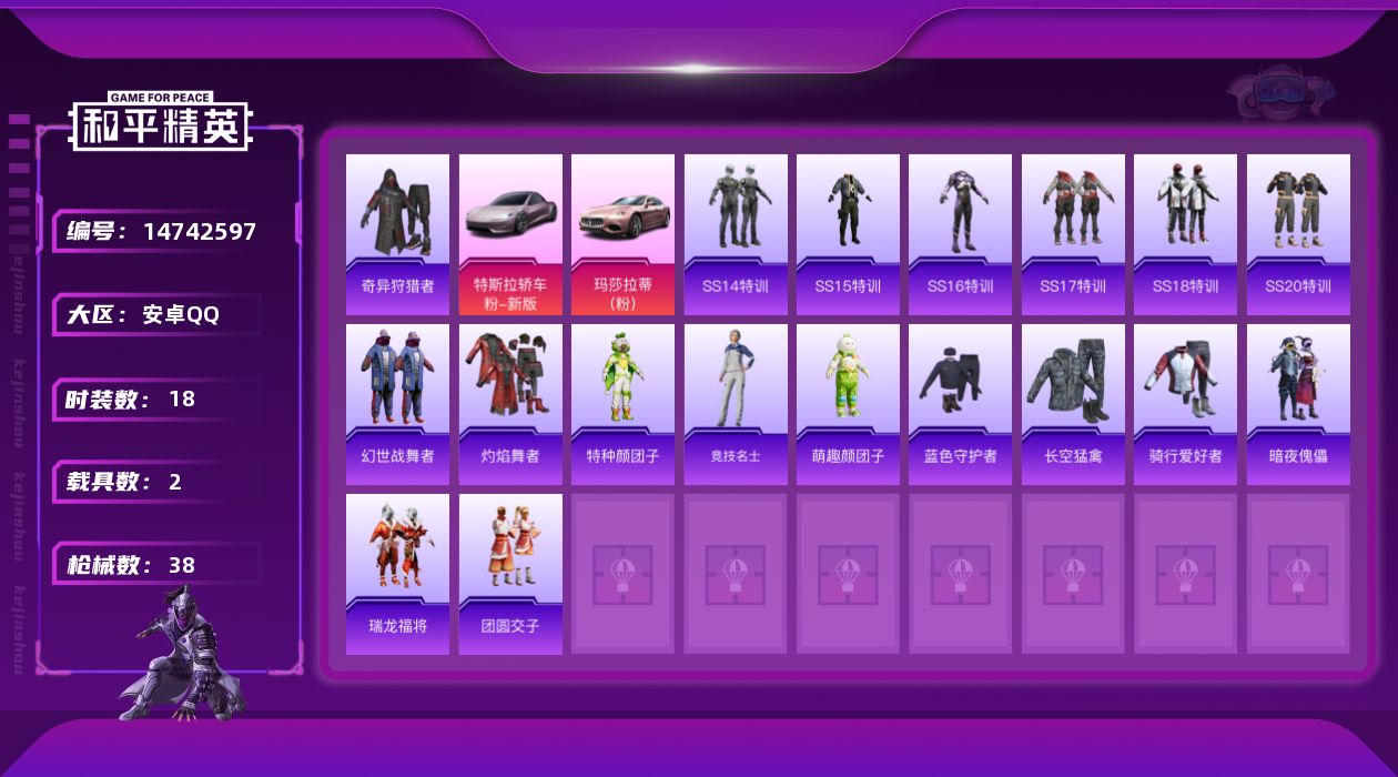 和平精英账号安卓QQ[14742597]可二次【店主推荐捡漏号！可直接换绑】安卓 手Q-2载具-1.1w热力值-1王牌印记-18套装-38枪皮【热门品类】：套装-奇异狩猎者【粉色载具】：特斯拉Roadster（沁心粉），