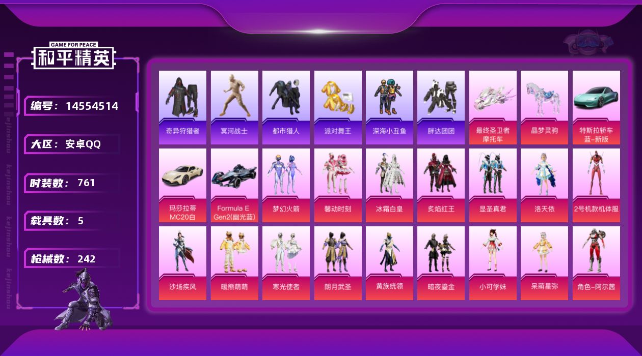 和平精英账号安卓QQ27粉装 6特效枪 5载具 10印记 可二次 可修改实名 
【热门装扮】:奇异狩猎者,2号机款机体服