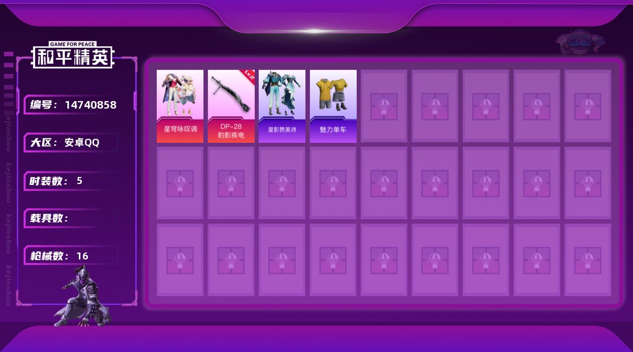 和平精英账号安卓QQ[14740858]可二次【店主推荐捡漏号！可直接换绑】 安卓 手Q-1粉装-1特效枪-3348热力值-0王牌印记-5套装-16枪皮【粉色套装】：粉装-星穹咏叹调【粉色枪皮等级】：DP-28-豹影疾电