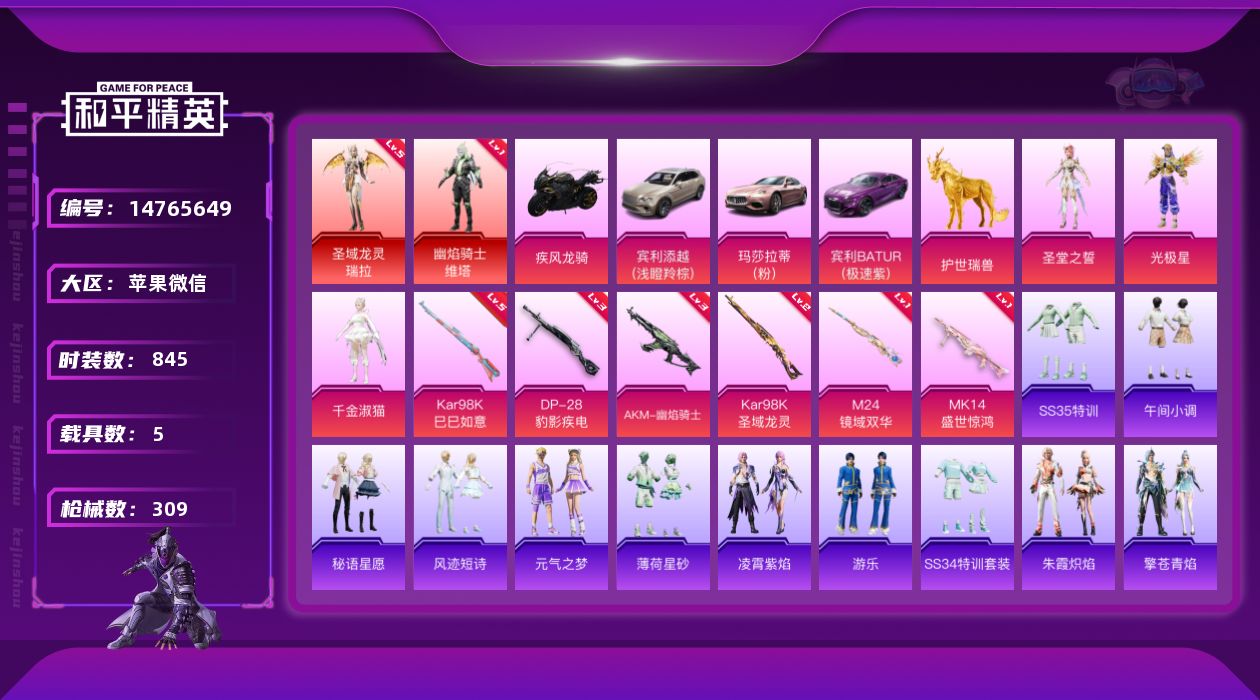 和平精英账号苹果微信[14765649]2红装 3粉装 6特效枪 5.0载具 27印记 可二次 
【五级神装】五级圣域龙