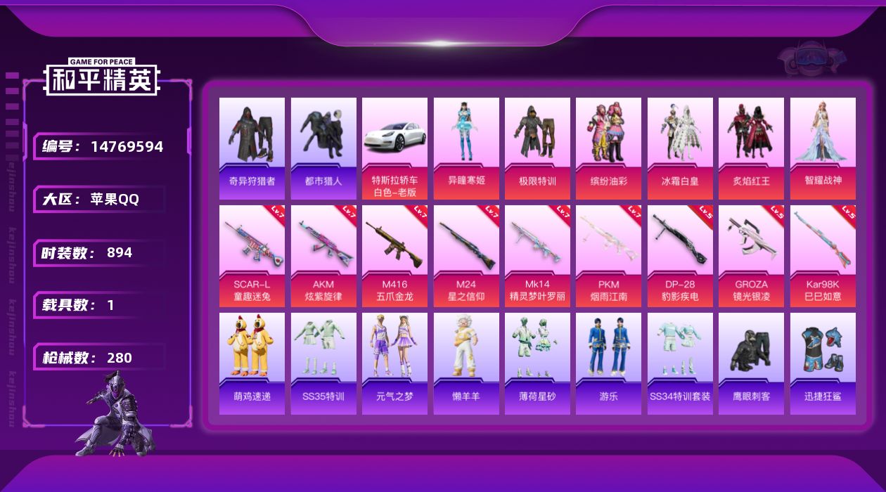 和平精英账号苹果QQ[14769594]6粉装 9特效枪 1载具 20印记 可二次 可修改实名 
【热门装扮】:奇异狩猎