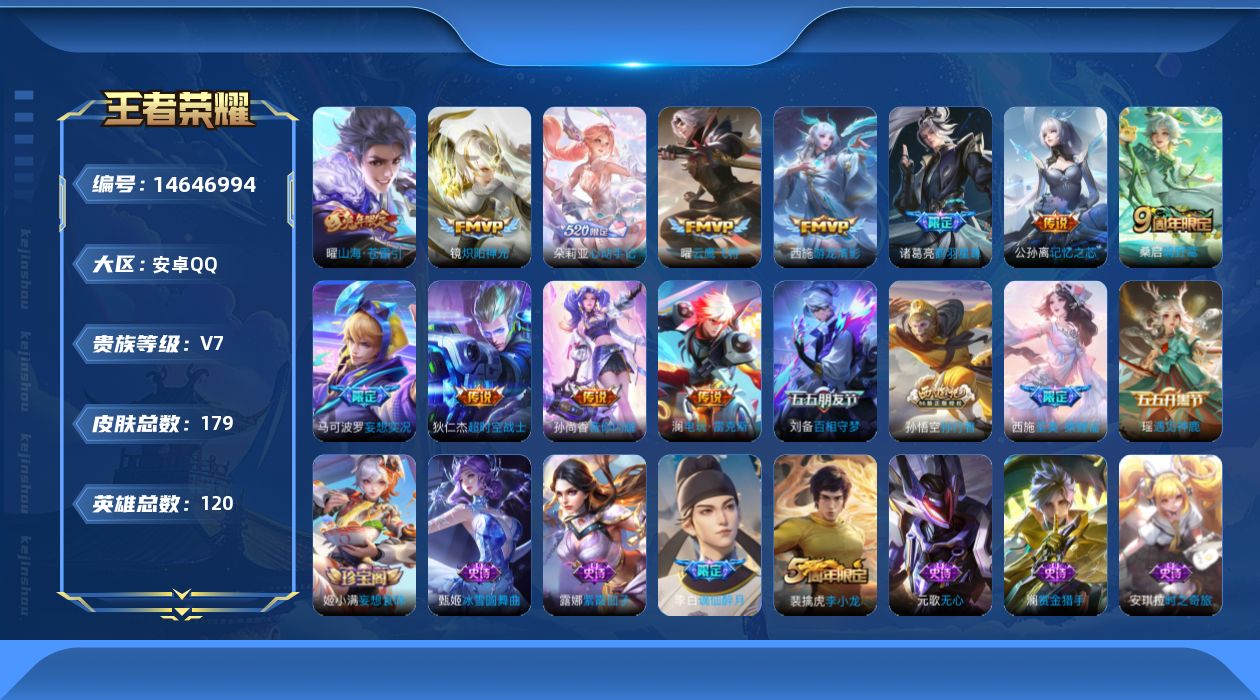 王者荣耀账号安卓QQ实名: 可修改 贵族等级: V7 英雄数: 120 皮肤数: 179 传说皮: 云鹰飞将,炽阳神光,