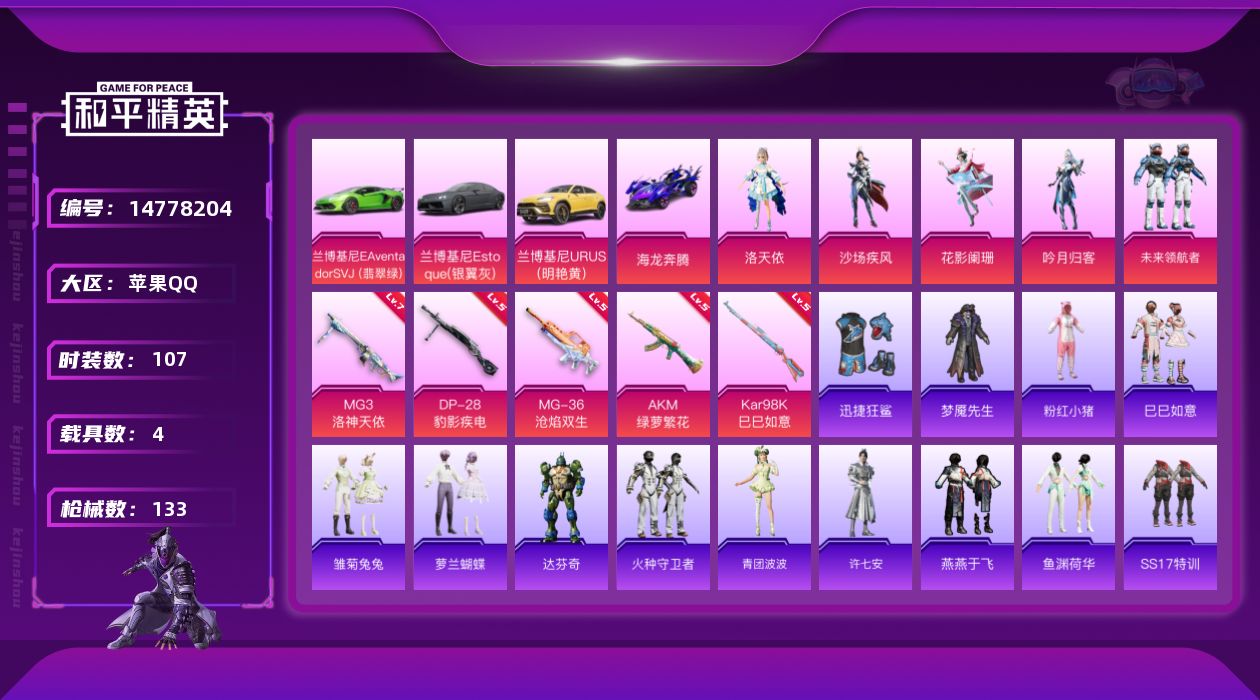 和平精英账号苹果QQ[14778204]"DAS8187有二次 苹果Q-4载具5粉装5特效枪6热门107套装133枪皮 43643热力值 3印记 历史超级王牌1星 洛天依MG3-洛神天依 (7级) 兰博轿车灰色 兰博SU