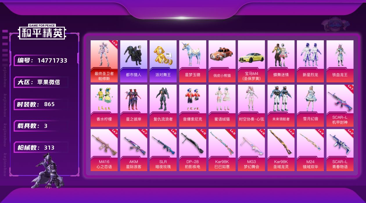和平精英账号苹果微信[14771733]1红装 11粉装 10特效枪 3载具 14印记 可二次 可修改实名 永久社交场景