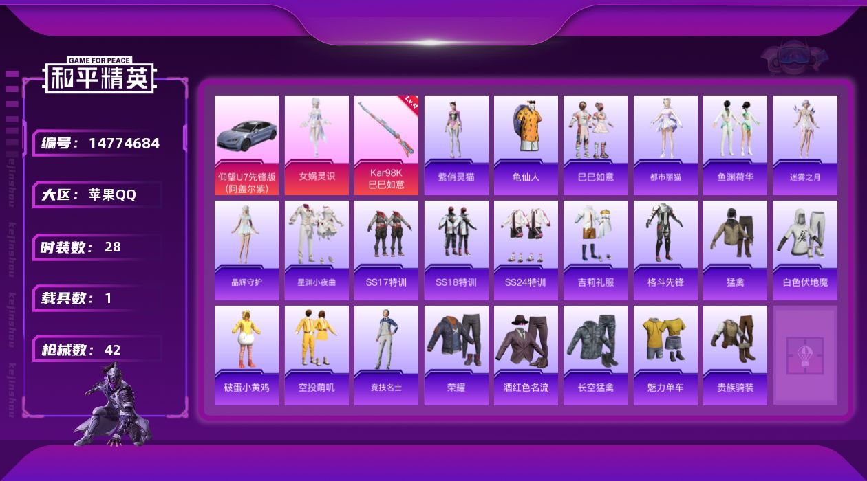 和平精英账号苹果QQ[14774684]可二次【店主推荐捡漏号！可直接换绑】 苹果 手Q-1粉装-1特效枪-1载具-0粉色飞行器-13480热力值-2王牌印记-28套装-42枪皮
【热门品类】：套装-龟仙人
【粉色套装】