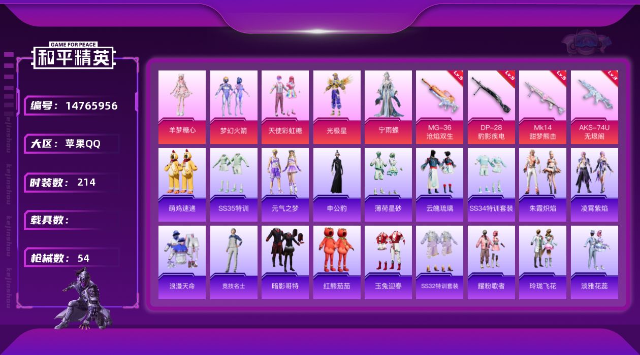 和平精英账号苹果QQ时装数: 214 枪械数: 54 战备数: 52 热门装扮: 梦幻火箭(新101),天使彩虹糖,光极