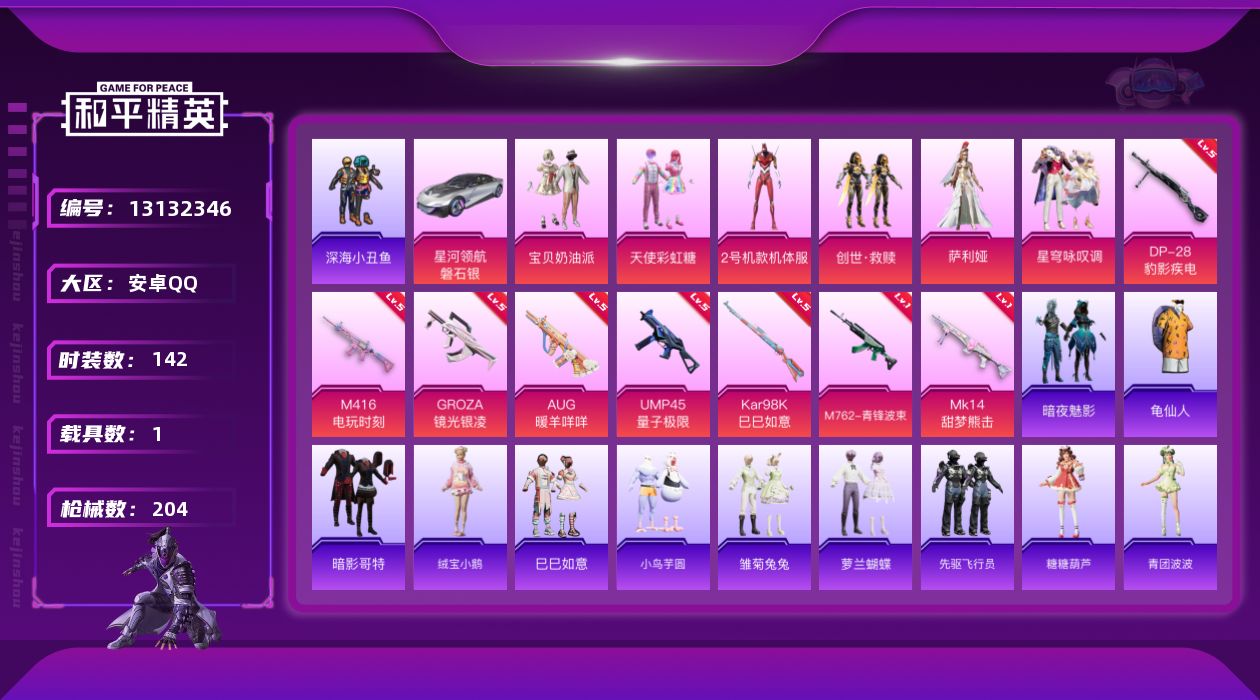 和平精英账号安卓QQ[13132346]素材身法号 安卓 手Q-6粉装-8特效枪-1载具-5.8w热力值-12王牌印记-142套装-204枪皮【热门品类】：套装-深海小丑鱼，套装-龟仙人，套装-暗影哥特【粉色载具】：星河