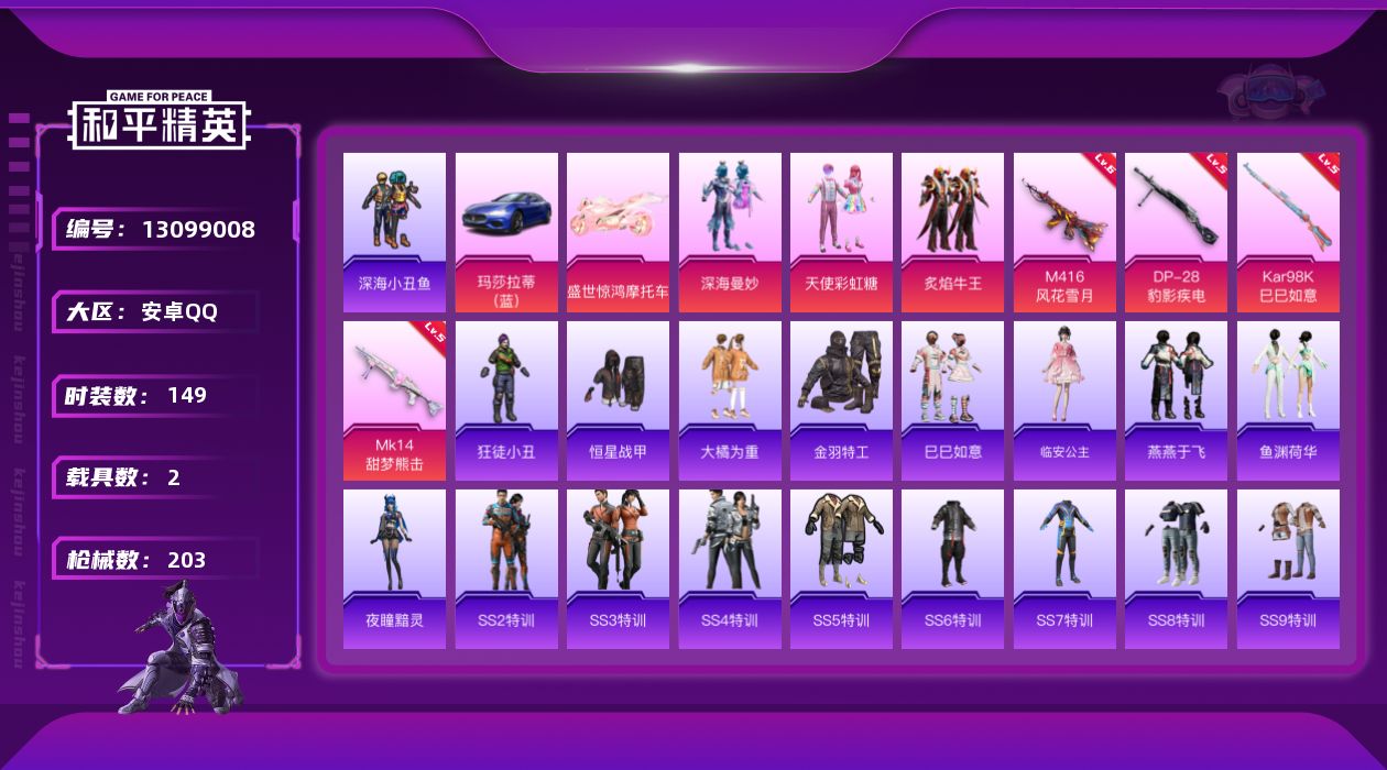 和平精英账号安卓QQ[13099008]地铁满天赋 安卓 手Q-3粉装-4特效枪-2载具-2粉色飞行器-6w热力值-3王牌印记-149套装-203枪皮【热门品类】：套装-深海小丑鱼，套装-金羽特工，旭日初心兜帽大衣，小恶