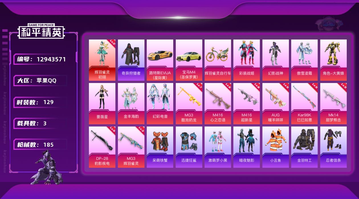 和平精英账号苹果QQ[12943571]苹果 手Q-1神装-7粉装-8特效枪-3载具-3粉色飞行器-67161热力值-12王牌印记-129套装-185枪皮
【红色神装等级】：辉羽雀灵-初翊(二级)
【红色角色神装】：辉羽