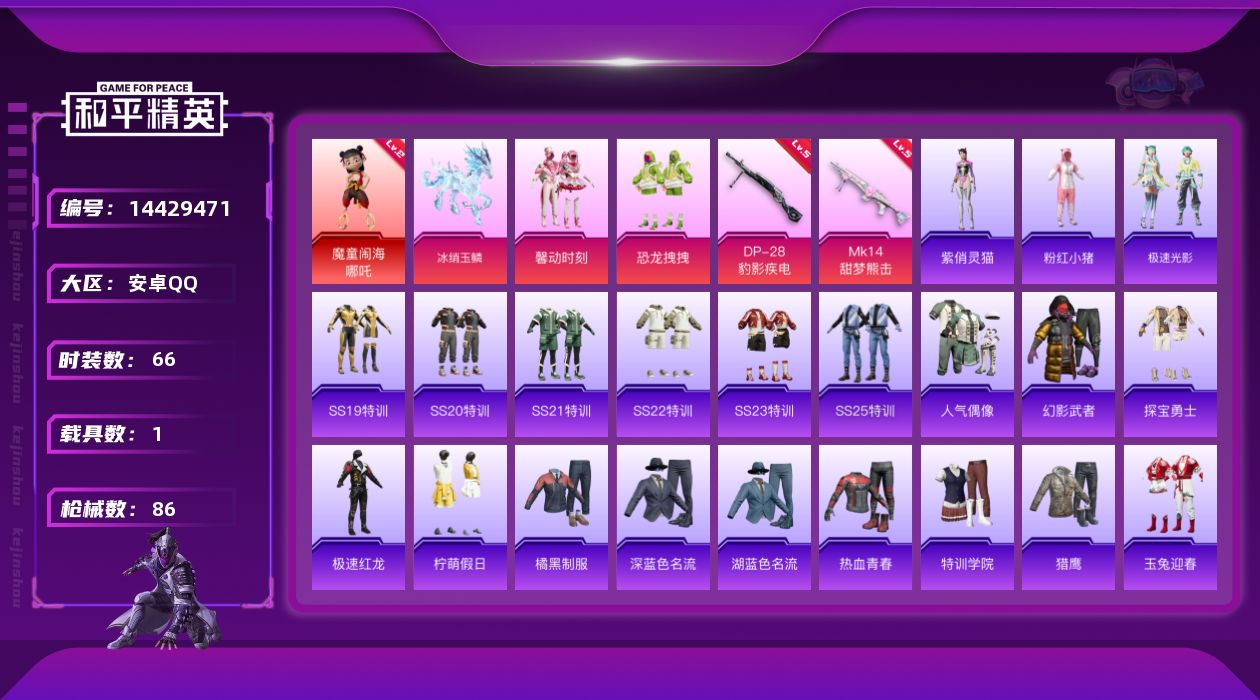 和平精英账号安卓QQ【店主推荐捡漏号！可直接换绑】/素材身法号 安卓 手Q-1神装-2粉装-2特效枪-1载具-4粉色飞行器-2.7w热力值-2王牌印记-66套装-86枪皮【红色神装等级】：魔童闹海-哪