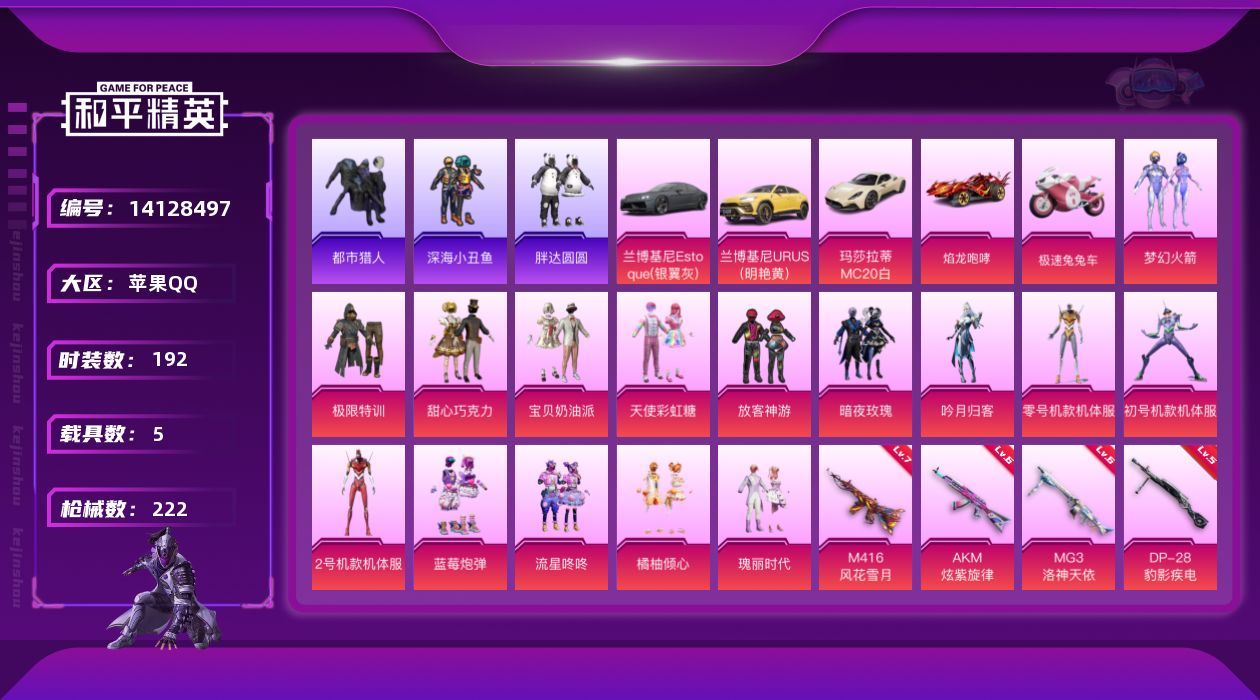 和平精英账号苹果QQ[14128497]苹果 手Q-15粉装-7特效枪-5载具-2粉色飞行器-81924热力值-12王牌印记-192套装-222枪皮
【热门品类】：粉装-梦幻火箭，套装-浪漫天命，套装-都市猎人，套装-深