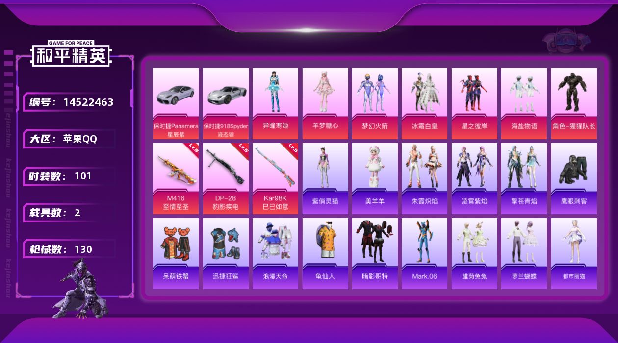 和平精英账号苹果QQ[14522463]"DAS7499 包人脸 苹果Q-1稀有2载具7粉装3特效枪11热门101套装130枪皮 43792热力值 11印记 历史绝世王牌14星  浪漫天命 梦幻火箭 M416-至情至圣 