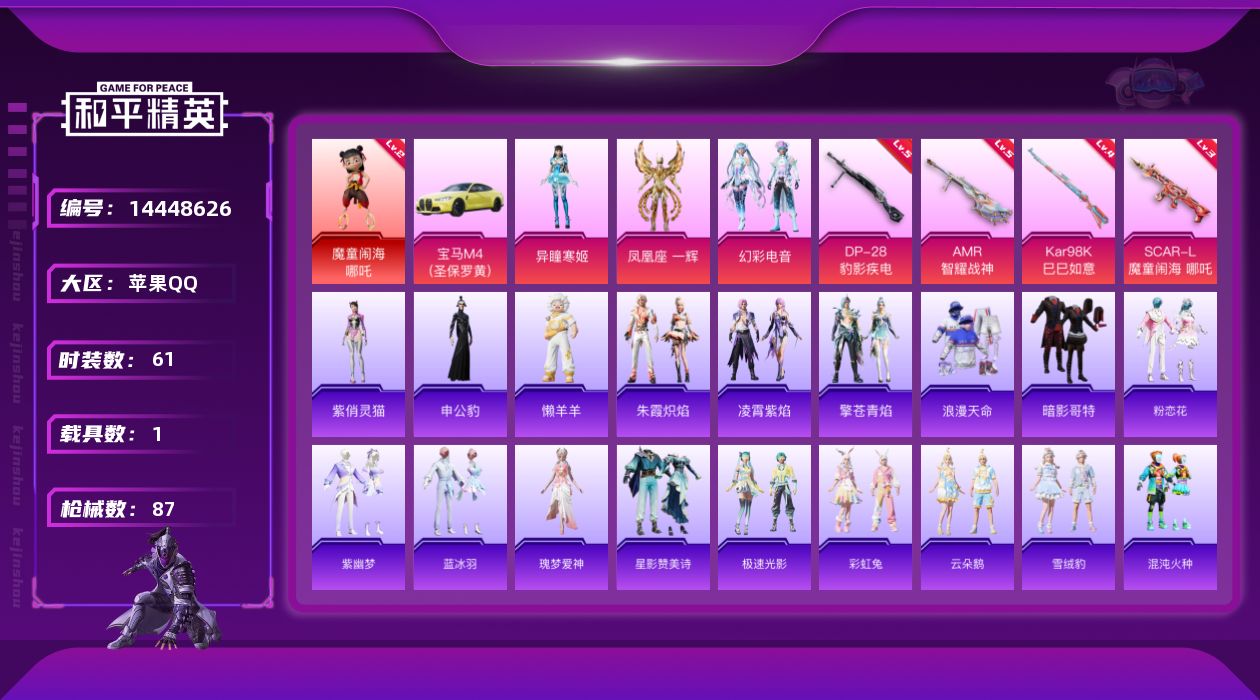 和平精英账号苹果QQ[14448626]DAS8126 包人脸苹果Q-1红装1稀有1载具3粉装4特效枪4热门61套装87枪皮 28597热力值 4印记 历史超级王牌21星  魔童闹海-哪吒 (2级)SCAR-L-魔童闹海
