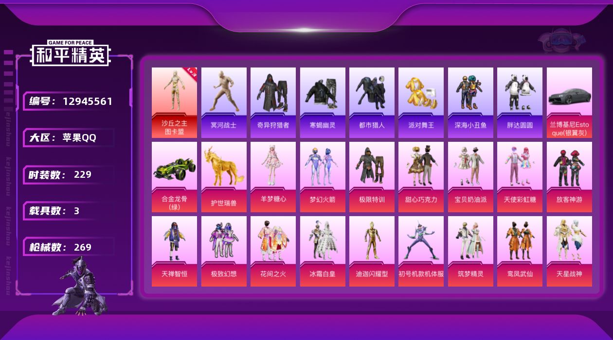 和平精英账号苹果QQ[12945561]素材身法号/老木乃伊/M416-至情至圣(九级)/无敌战神框6/绝世印记1/地铁满天赋【特价急出/详情看图】：苹果 手Q-无敌战神框-1神装-19粉装-8特效枪-3载具-5粉色飞行