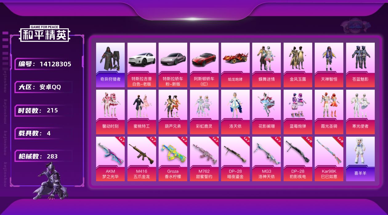 和平精英账号安卓QQ[14128305]可二次【店主推荐捡漏号！可直接换绑】/素材身法号/绝世印记1 安卓 手Q-13粉装-8特效枪-4载具-3粉色飞行器-10w热力值-22王牌印记-215套装-283枪皮【热门品类】：