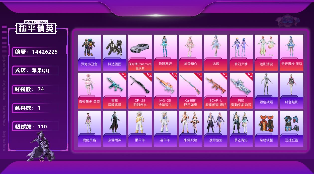 和平精英账号苹果QQ[14426225]DAS8112有二次 苹果Q-1稀有1载具7粉装6特效枪11热门74套装110枪皮 36728热力值 2印记 历史绝世王牌22星 梦幻火箭 P90-魔童闹海敖丙 (3级) SCAR