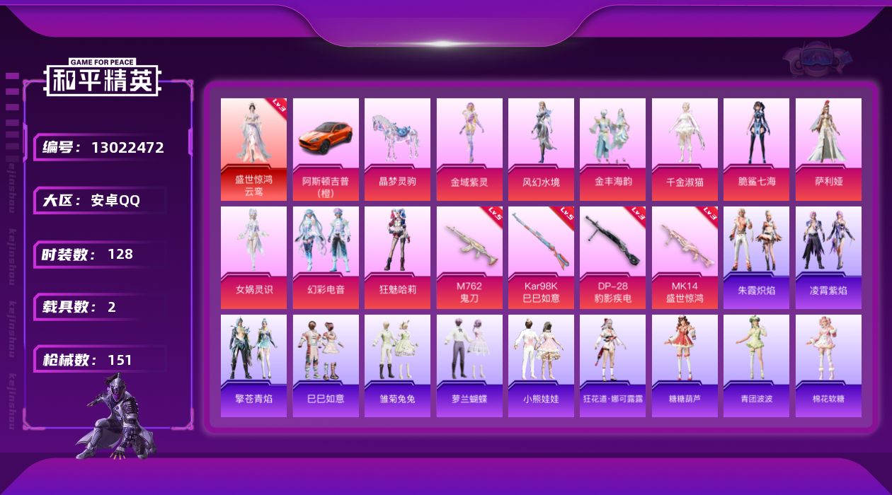 和平精英账号安卓QQ[13022472]素材身法号/地铁满天赋 安卓 手Q-1神装-9粉装-4特效枪-2载具-4粉色飞行器-5.2w热力值-8王牌印记-128套装-151枪皮【红色神装等级】：盛世惊鸿-云鸾(三级)【粉色