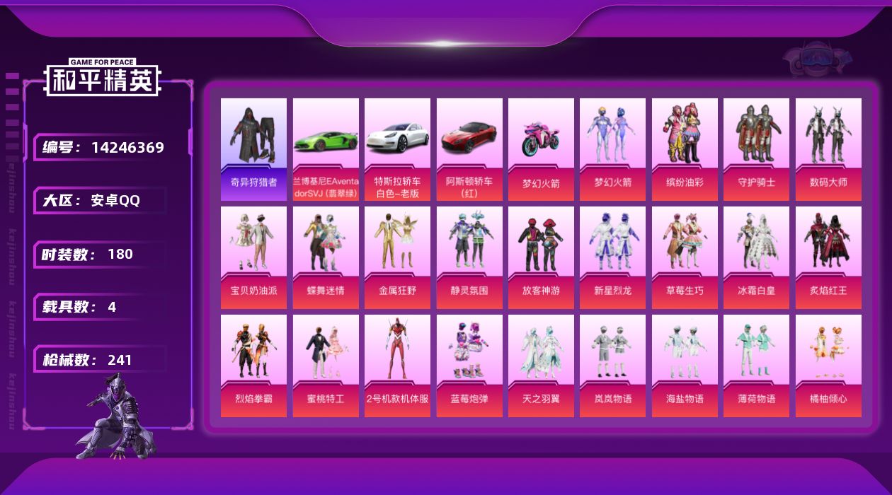 和平精英账号安卓QQ[14246369]粉装螳螂！火箭!安卓 手Q-22粉装-12特效枪-4载具-6粉色飞行器-96231热力值-5王牌印记-180套装-241枪皮
【热门品类】：粉装-梦幻火箭，粉装-缤纷油彩，套装-浪