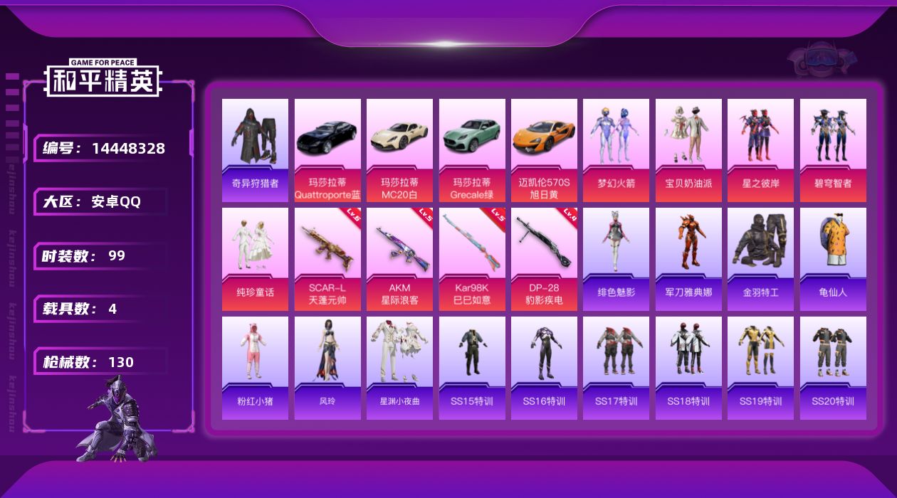 和平精英账号安卓QQ[14448328]DAS8123 可二次安卓Q-1稀有4载具5粉装4特效枪9热门99套装130枪皮 45967热力值 8印记 历史卓越王牌6星  梦幻火箭 宝贝奶油派 SCAR-L-天蓬元帅 (6级