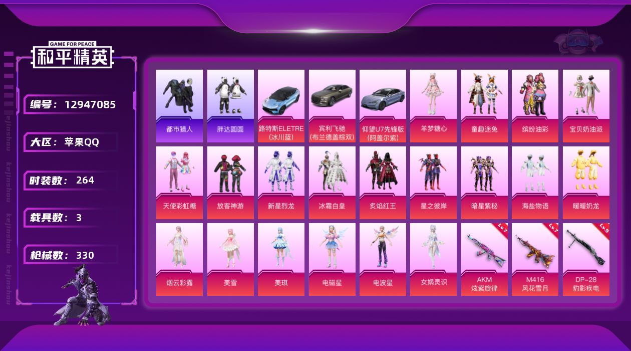 和平精英账号苹果QQ[12947085]苹果 手Q-无敌战神框-19粉装-6特效枪-3载具-3粉色飞行器-112285热力值-15王牌印记-264套装-330枪皮
【热门品类】：粉装-童趣迷兔，粉装-缤纷油彩，套装-浪漫