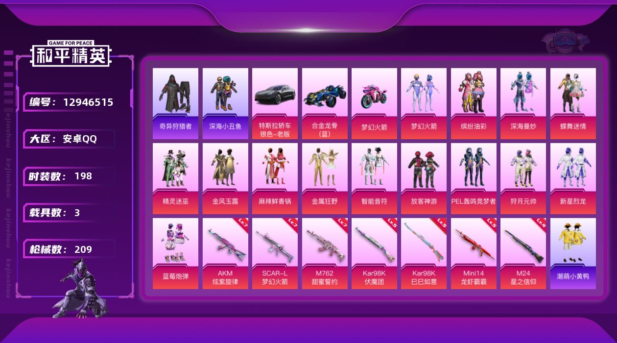 和平精英账号安卓QQ[12946515]身法素材号-连体王者V9！【特价急出/详情看图】：安卓 手Q-14粉装-7特效枪-3载具-6粉色飞行器-85534热力值-17王牌印记-198套装-209枪皮
【热门品类】：粉装-