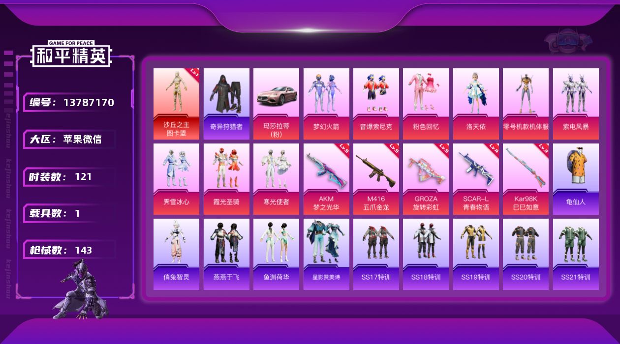和平精英账号苹果微信[13787170]图卡盟！苹果 微信-1神装-9粉装-5特效枪-1载具-2粉色飞行器-52033热力值-14王牌印记-121套装-143枪皮
【红色神装等级】：沙丘之主-图卡盟(一级)
【红色角色神