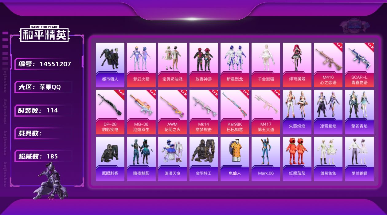 和平精英账号苹果QQ[14551207]DAS7904包人脸 苹果Q-3稀有6粉装8特效枪15热门114套装185枪皮 