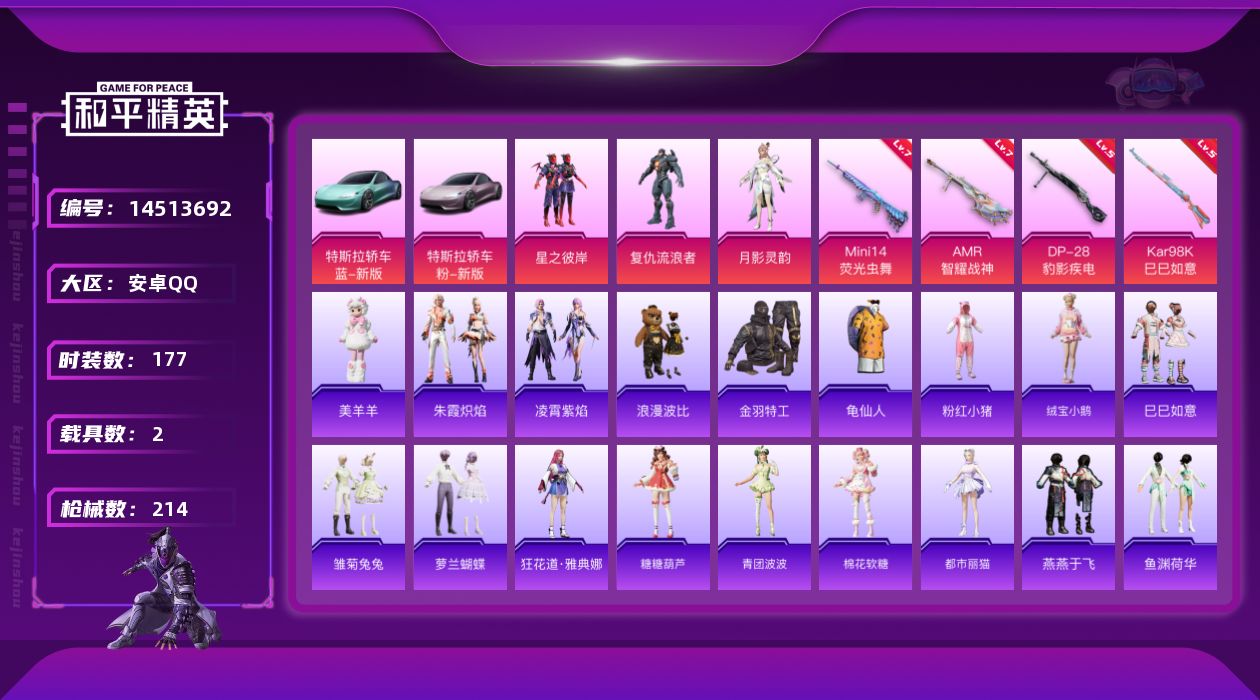 和平精英账号安卓QQ[14513692]可二次【店主推荐捡漏号！可直接换绑】 安卓 手Q-3粉装-4特效枪-2载具-6.7w热力值-10王牌印记-177套装-214枪皮【热门品类】：套装-金羽特工，套装-龟仙人，套装-浪