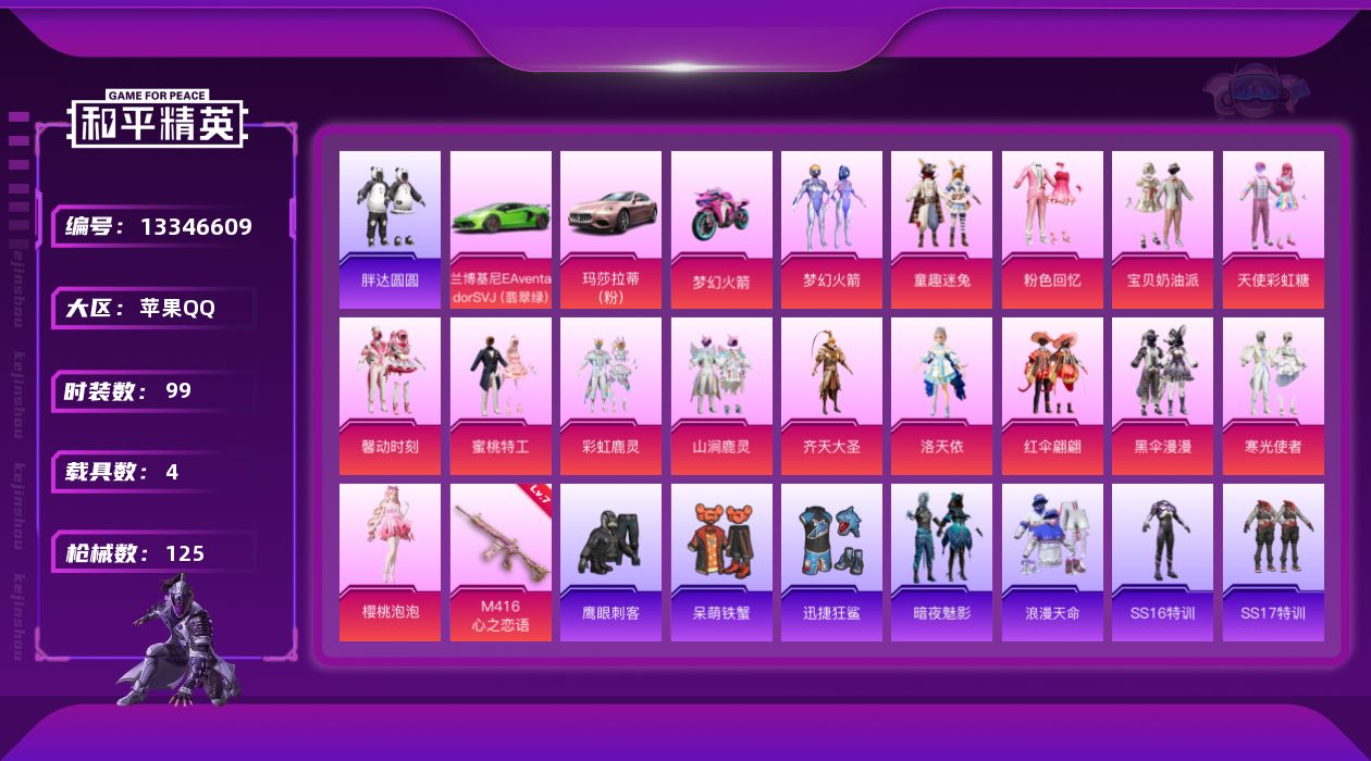 和平精英账号苹果QQ[13346609]可二次【店主推荐捡漏号！可直接换绑】/素材身法号/无敌战神框1 苹果 手Q-无敌战神框-15粉装-1特效枪-4载具-1粉色飞行器-4.6w热力值-7王牌印记-99套装-125枪皮【