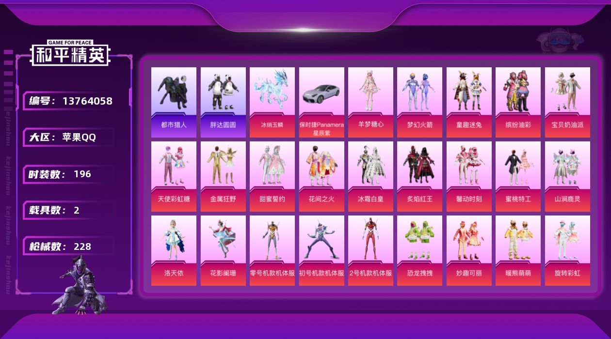 和平精英账号苹果QQ[13764058]特价急出！苹果 手Q-29粉装-9特效枪-2载具-7粉色飞行器-89514热力值-11王牌印记-196套装-228枪皮
【热门品类】：粉装-梦幻火箭，粉装-童趣迷兔，粉装-缤纷油彩