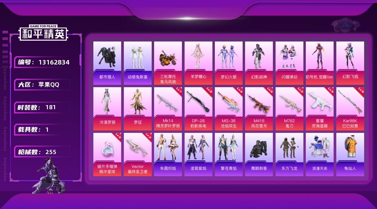 和平精英账号苹果QQ[13162834]素材身法号/地铁满天赋 苹果 手Q-8粉装-9特效枪-1载具-5粉色飞行器-8w热力值-15王牌印记-181套装-255枪皮【热门品类】：粉装-梦幻火箭，套装-浪漫天命，套装-都市