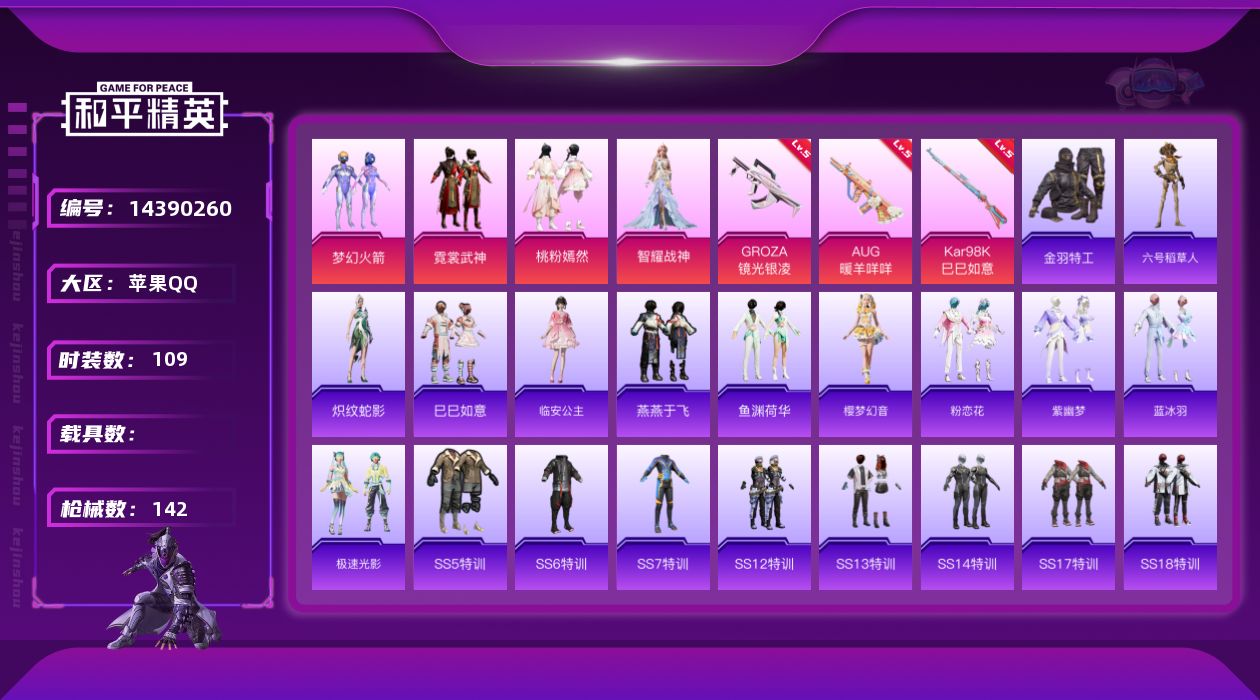和平精英账号苹果QQ【店主推荐捡漏号！可直接换绑】 苹果 手Q-4粉装-3特效枪-1粉色飞行器-4.1w热力值-3王牌印记-109套装-142枪皮【热门品类】：粉装-梦幻火箭，套装-金羽特工，角色-六