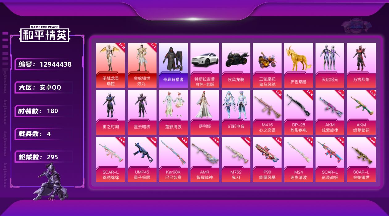 和平精英账号安卓QQ[12944438]2级瑞拉1级烛九！安卓 手Q-2神装-7粉装-18特效枪-4载具-6粉色飞行器-103063热力值-8王牌印记-180套装-295枪皮
【红色神装等级】：圣域龙灵-瑞拉(二级)，金