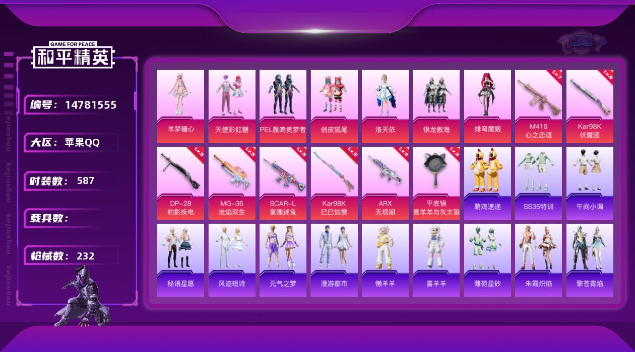 和平精英账号苹果QQ7粉装 8特效枪 9印记 可二次 可修改实名 
【热门装扮】:绯穹魔姬,羊梦糖心,洛天依,天使彩虹糖