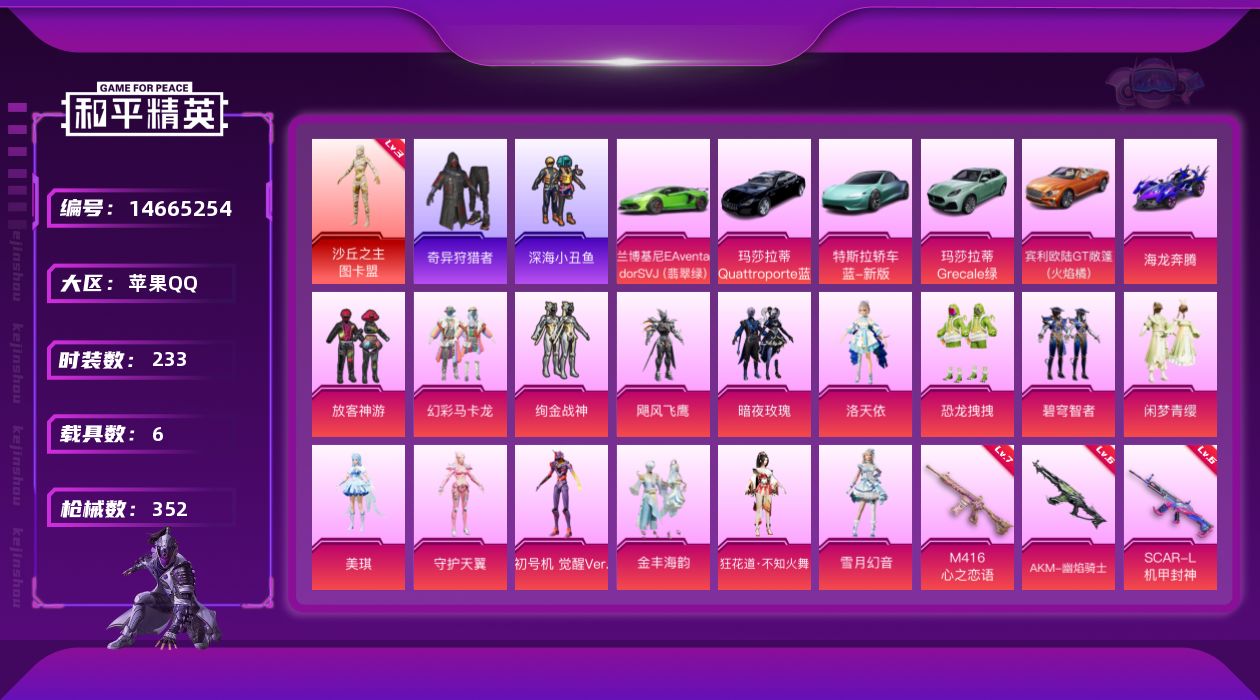 和平精英账号苹果QQ[14665254]"DF117钱包未注销 苹果Q-1红装2稀有7载具15粉装20特效枪28热门233套装352枪皮 130528热力值 16印记 历史绝世王牌21星  沙丘之主-图卡盟 (3级) 洛