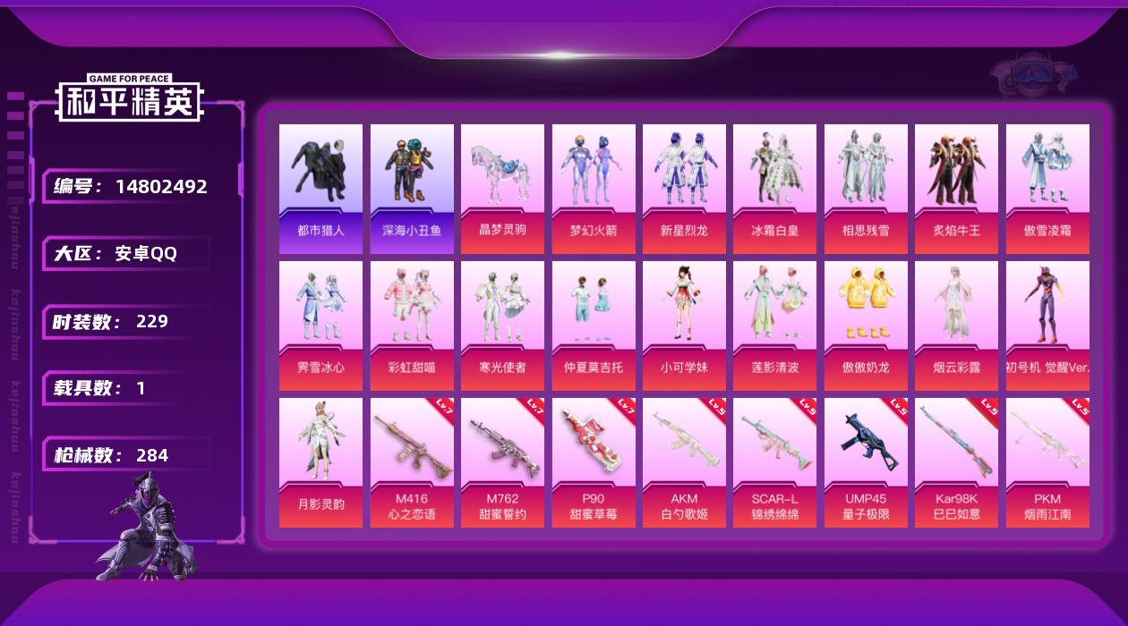 和平精英账号安卓QQ[14802492]安卓-连体王者V9-346皮2水1无双2珍品26传说满蛇年-16粉装-9特效枪-1载具-6粉色飞行器-101472热力值-12王牌印记-229套装-284枪皮
【热门品类】：粉装-