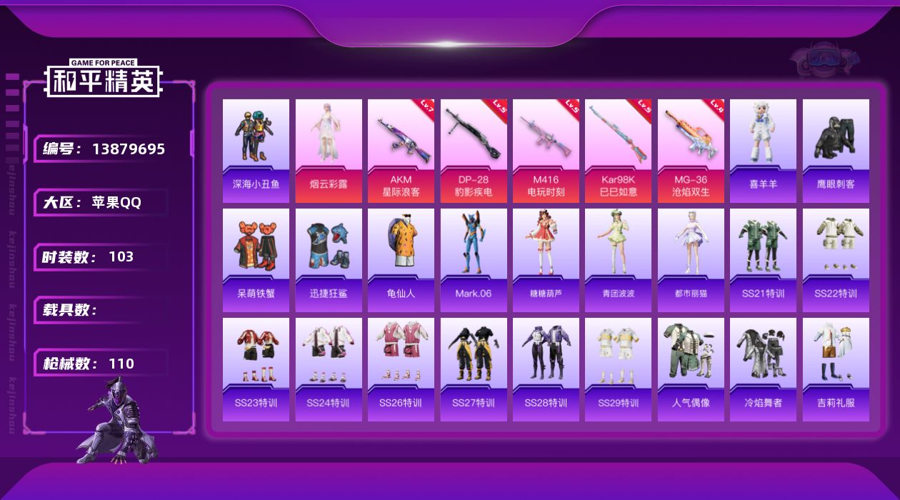和平精英账号苹果QQ[13879695]【店主推荐捡漏号！可直接换绑】 苹果 手Q-1粉装-5特效枪-1粉色飞行器-3.4w热力值-8王牌印记-103套装-110枪皮【热门品类】：套装-深海小丑鱼，套装-龟仙人，角色-M