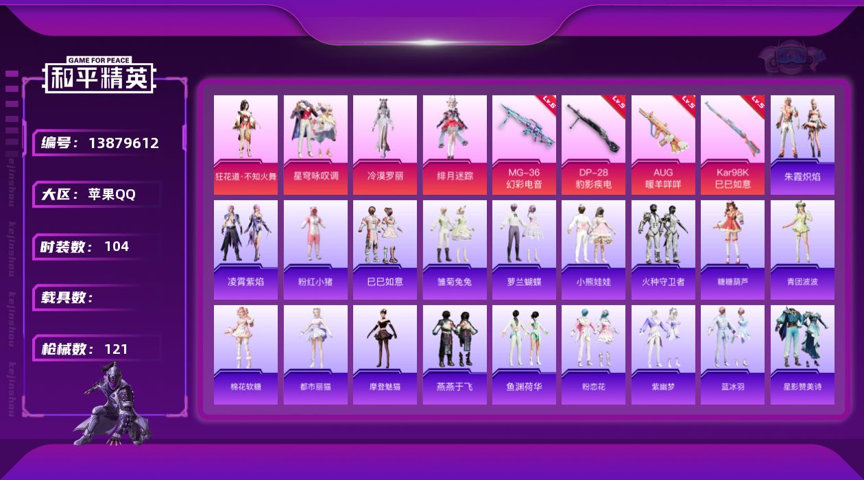 和平精英账号苹果QQ[13879612]可二次【店主推荐捡漏号！可直接换绑】 苹果 手Q-4粉装-4特效枪-1粉色飞行器-3.6热力值-6王牌印记-104套装-121枪皮【热门品类】：套装-粉红小猪【粉色套装】：角色-狂