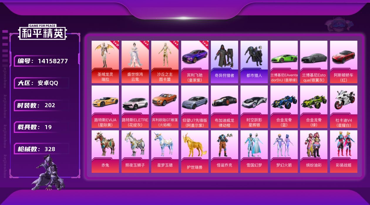 和平精英账号安卓QQ[14158277]可二次【店主推荐捡漏号！可直接换绑】素材身法号/地铁满天赋 安卓 手Q-3神装-33粉装-33特效枪-19载具-14粉色飞行器-14.1w热力值-15王牌印记-202套装-328枪