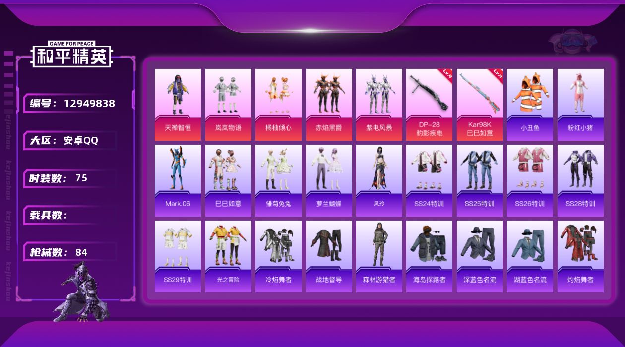 和平精英账号安卓QQ[12949838]安卓 手Q-5粉装-2特效枪-2.5w热力值-5王牌印记-75套装-84枪皮【热门品类】：套装-小丑鱼，套装-粉红小猪，角色-Mark.06【粉色套装】：粉装-天禅智恒，粉装-岚岚