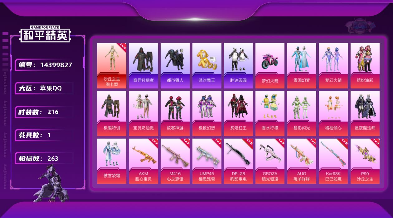 和平精英账号苹果QQ[14399827]"DFZ64 可二次 苹果Q-1红装6稀有1载具13粉装8特效枪34热门216套装263枪皮 96754热力值 9印记 历史传奇王牌18星 沙丘之主-图卡盟 (3级) 奇异狩猎者 