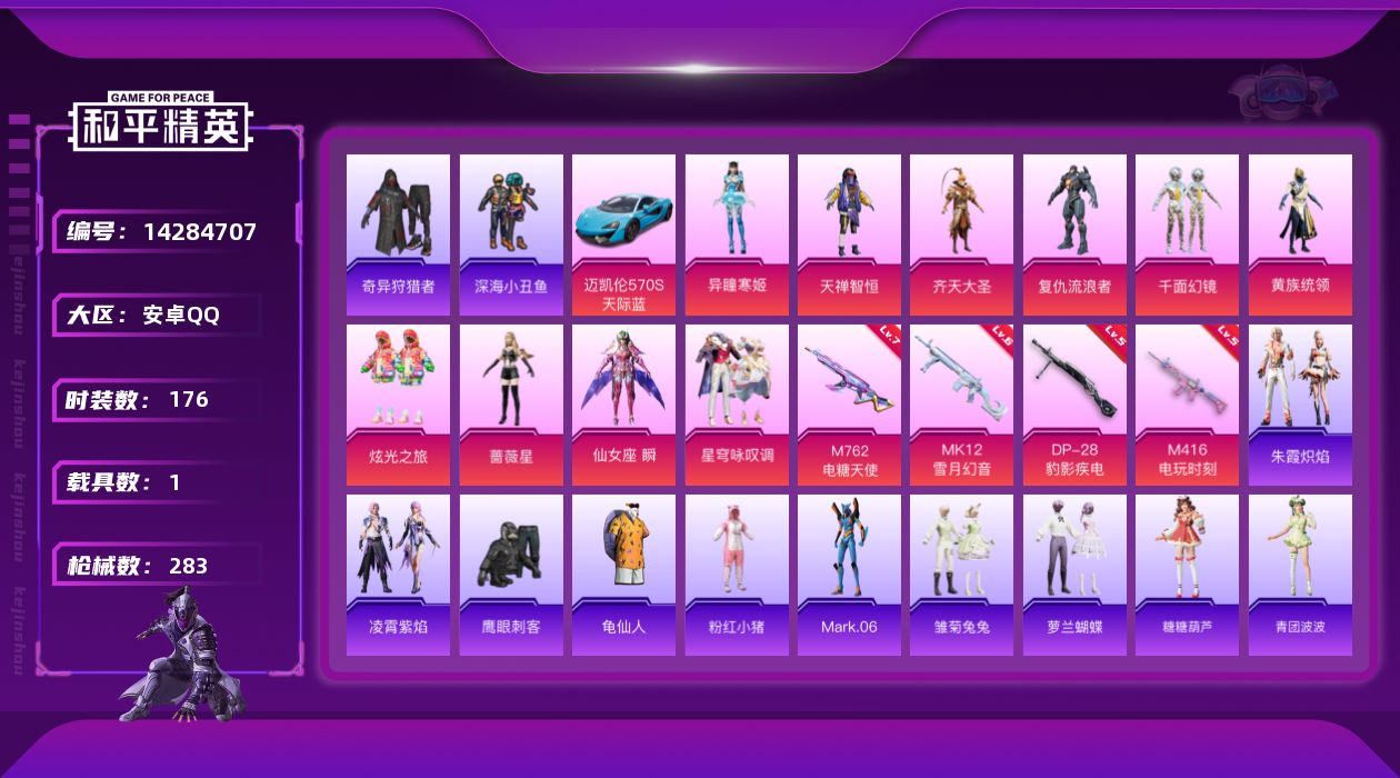 和平精英账号安卓QQ[14284707]【店主推荐捡漏号！可直接换绑】 安卓 手Q-10粉装-4特效枪-1载具-5粉色飞行器-9.2w热力值-5王牌印记-176套装-283枪皮【热门品类】：套装-深海小丑鱼，套装-奇异狩