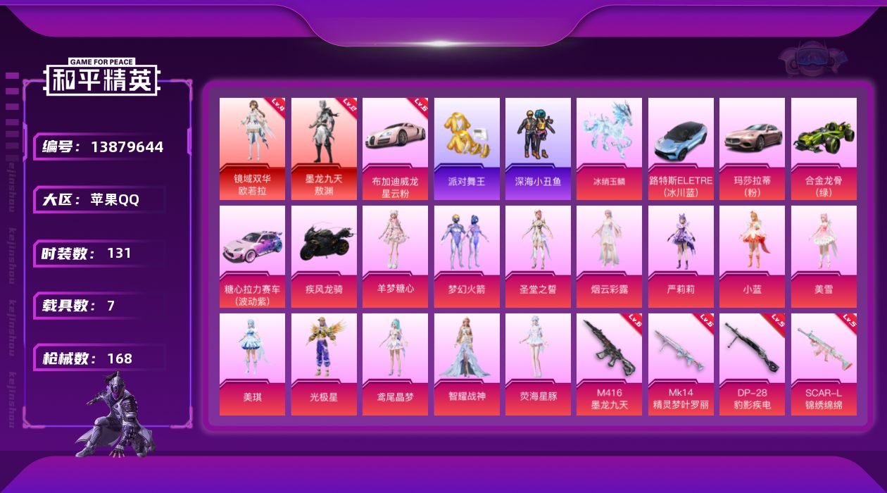 和平精英账号苹果QQ[13879644]【店主推荐捡漏号！可直接换绑】/素材身法号/布加迪威龙（星云粉）(六级)/镜域双华-欧若拉(四级)/绝世印记3 苹果 手Q-2神装-12粉装-11特效枪-7载具-7粉色飞行器-8.