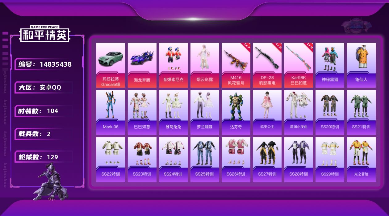 和平精英账号安卓QQ[14835438]【店主推荐捡漏号！可直接换绑】地铁满天赋 素材身法号安卓 手Q-2粉装-3特效枪-2载具-2粉色飞行器-4.3w热力值-5王牌印记-104套装-129枪皮
【热门品类】：粉装-音爆